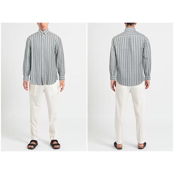 Brunello Cucinelli Men's Linen Button Front Green Stripe Shirt Size Medium NEW - Picture 1 of 8